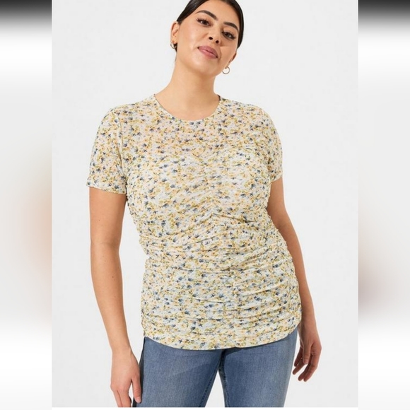 TORRID Stretch Mesh Ruched Crew Neck Ditsy Floral Top Sz 1X 14-16 - Picture 1 of 10